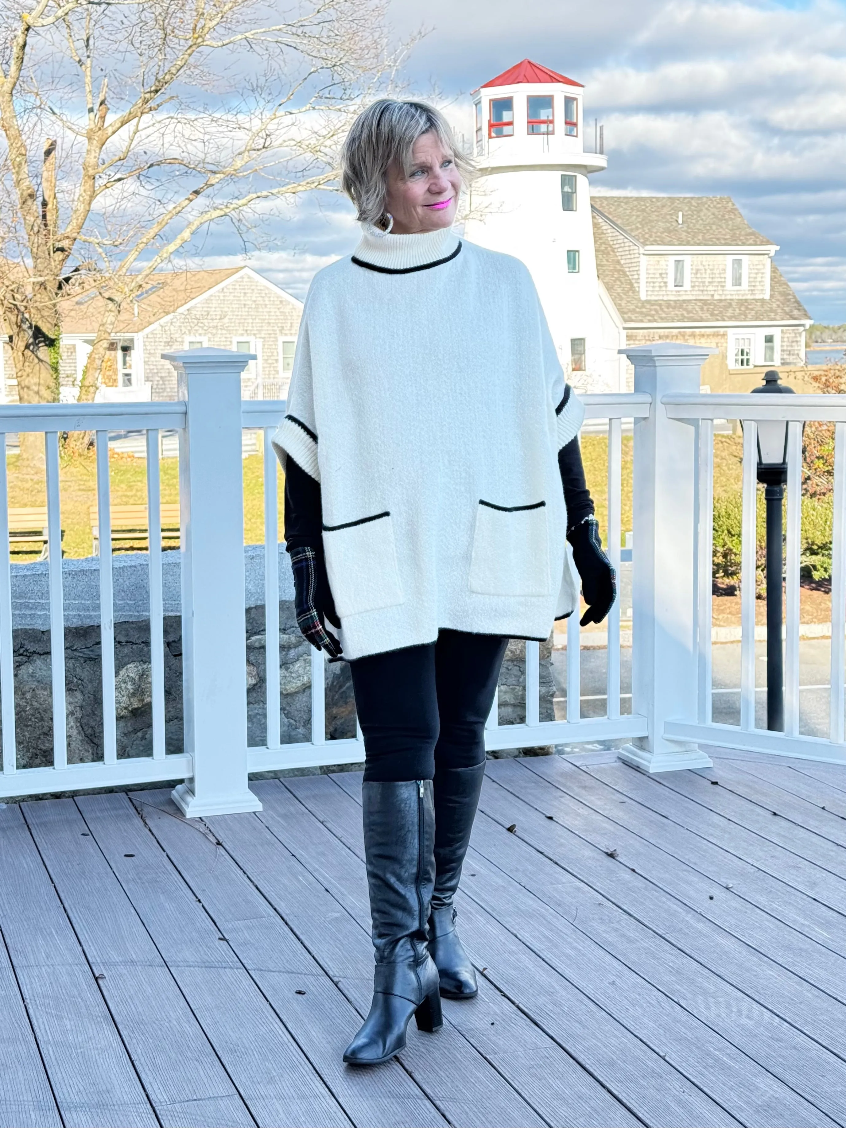 🐢 Cozy Turtle White  Neck Poncho with Arm Holes