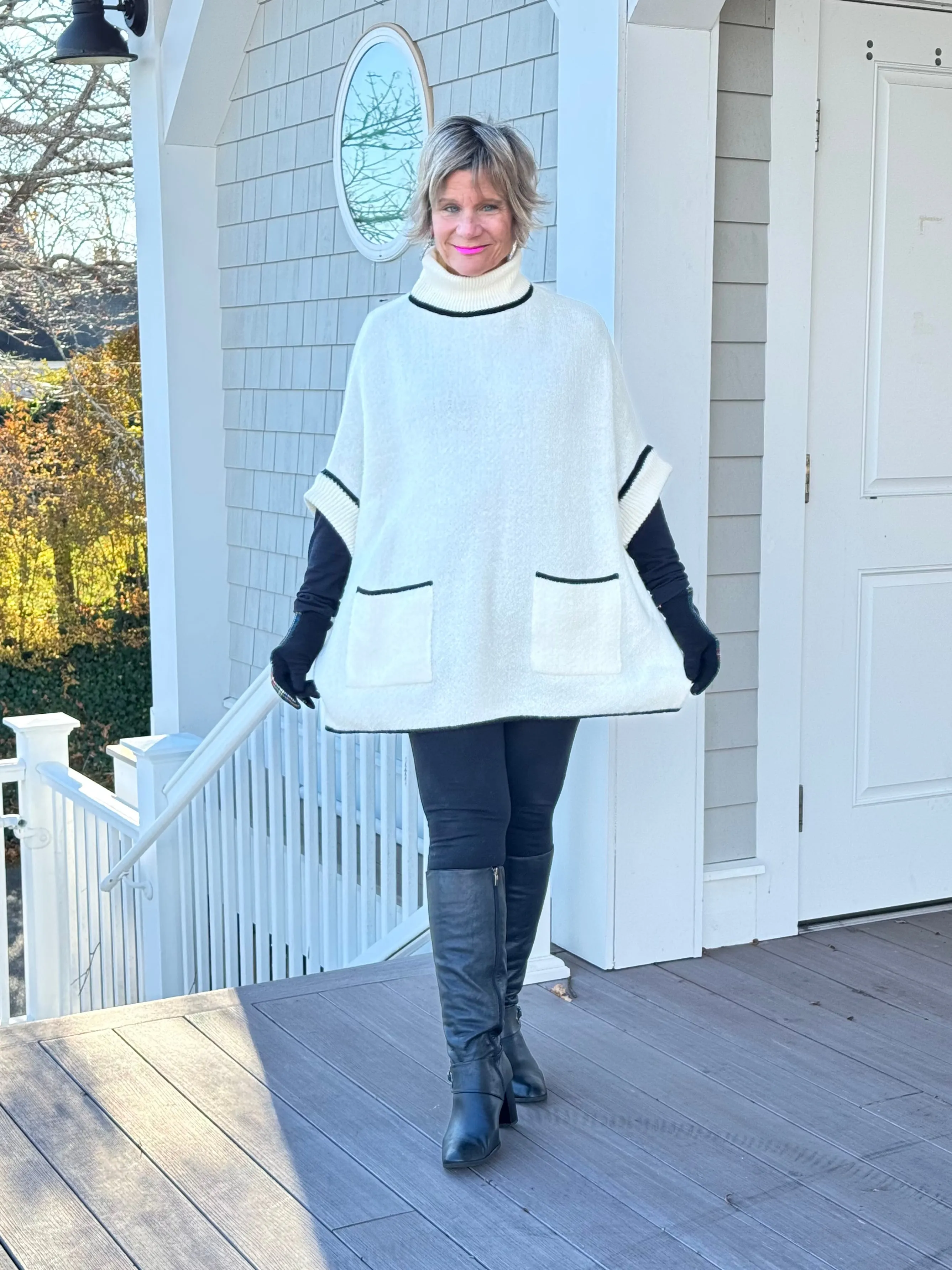 🐢 Cozy Turtle White  Neck Poncho with Arm Holes