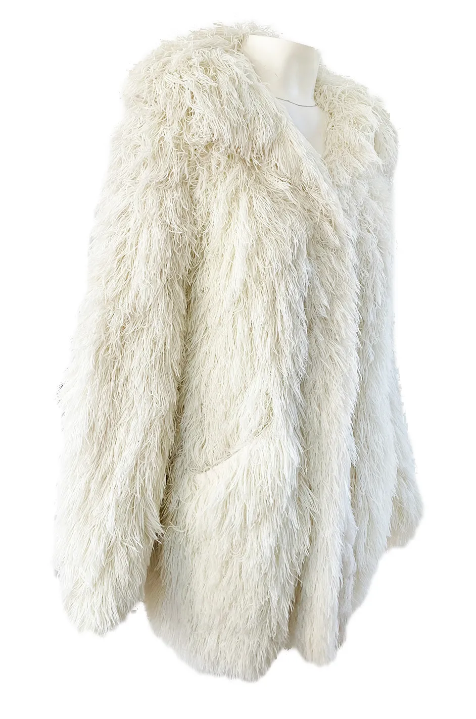 1970s Crissa Cotique France Light Ivory Faux Fur Alternative String Coat Jacket