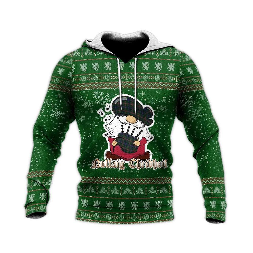 Allison Clan Christmas Knitted Hoodie with Funny Gnome Playing Bagpipes