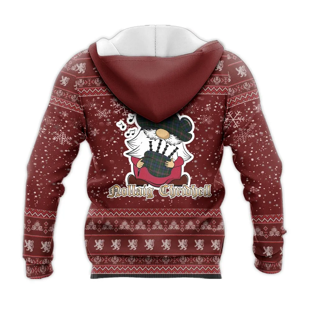 Allison Clan Christmas Knitted Hoodie with Funny Gnome Playing Bagpipes