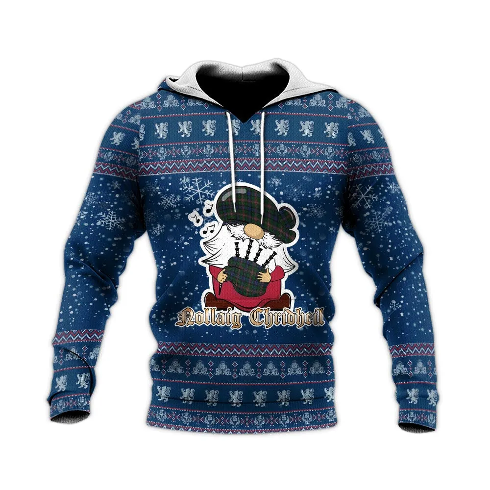 Allison Clan Christmas Knitted Hoodie with Funny Gnome Playing Bagpipes