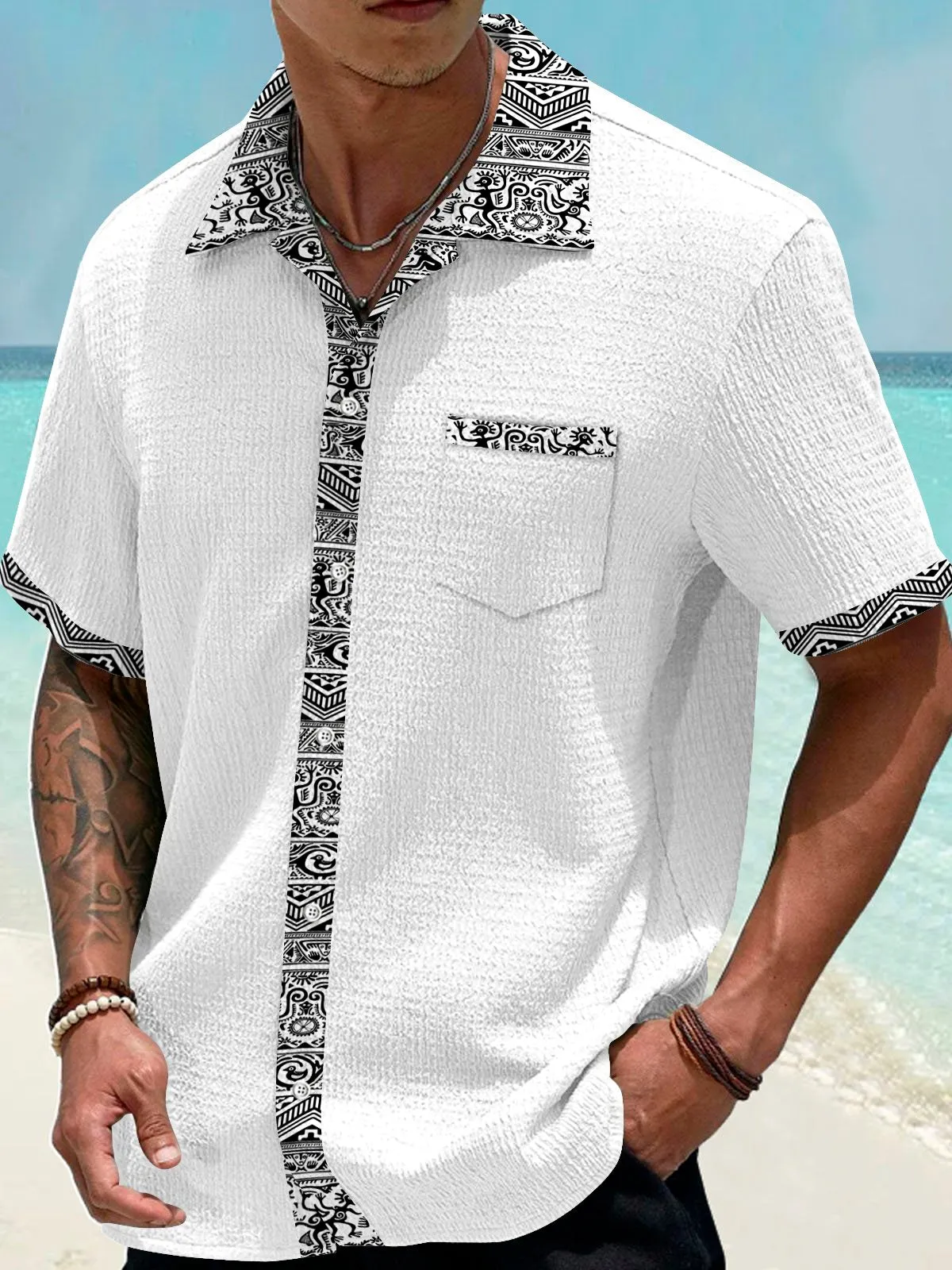 Alohadaddy Basic Ethnic Pattern Patchwork Printed Men's Seersucker Stretch Shirt Big Tall