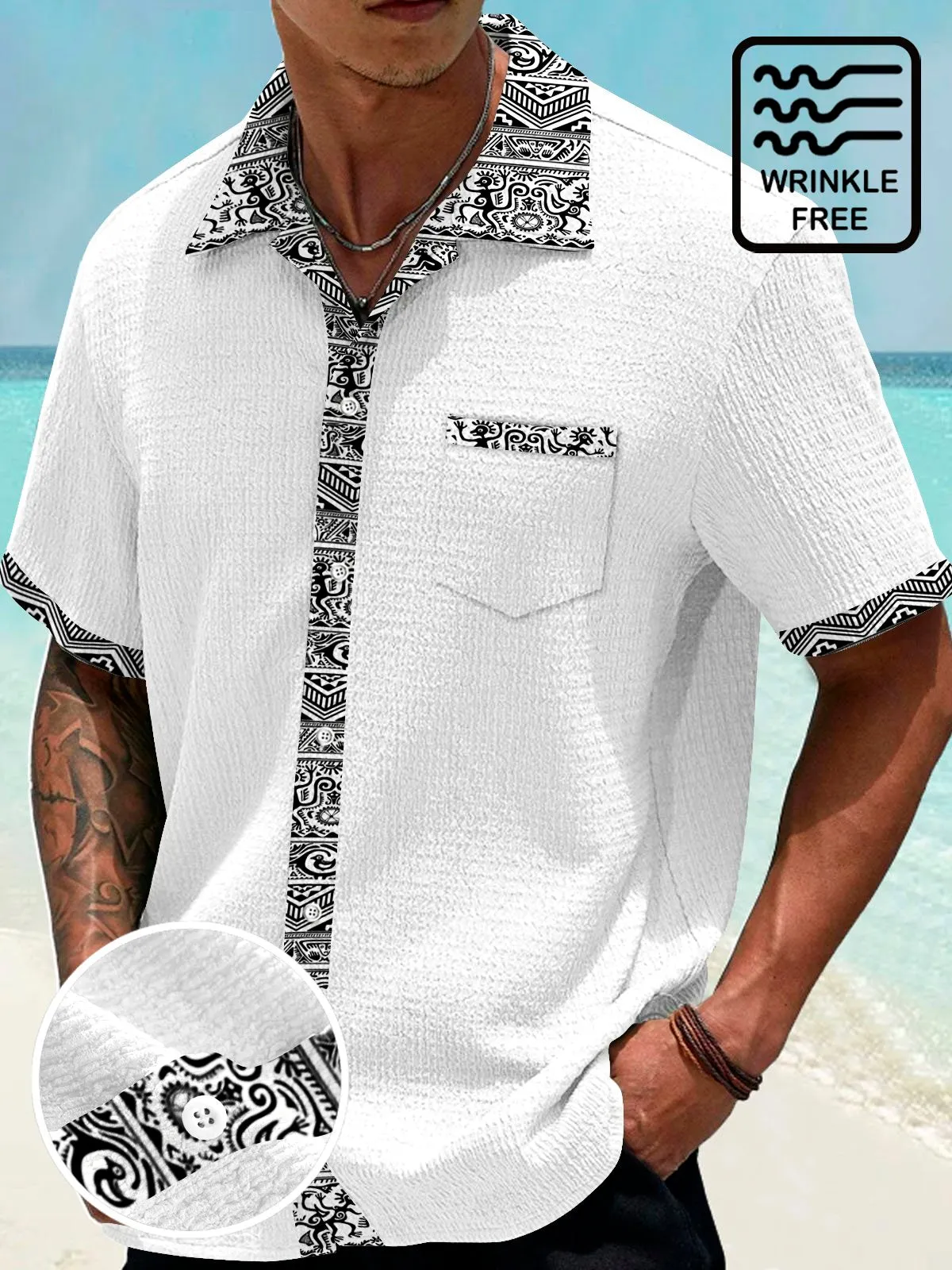 Alohadaddy Basic Ethnic Pattern Patchwork Printed Men's Seersucker Stretch Shirt Big Tall