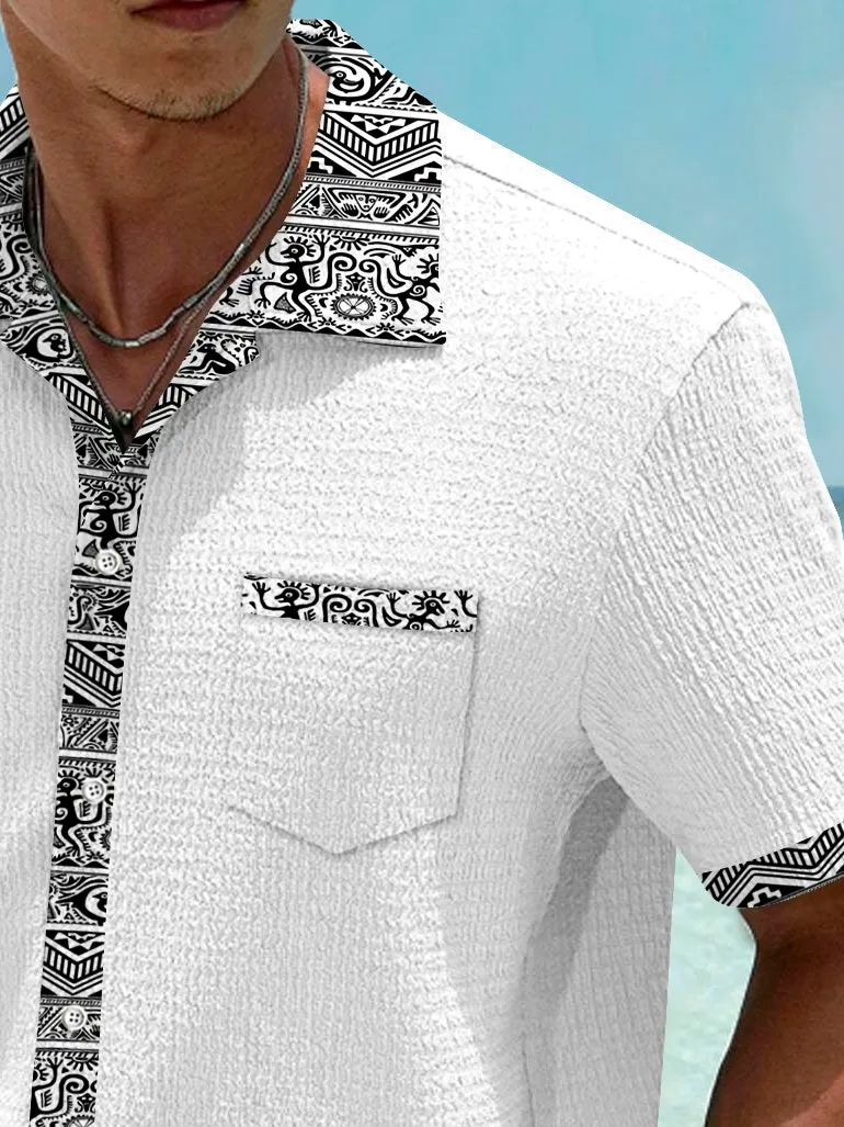 Alohadaddy Basic Ethnic Pattern Patchwork Printed Men's Seersucker Stretch Shirt Big Tall