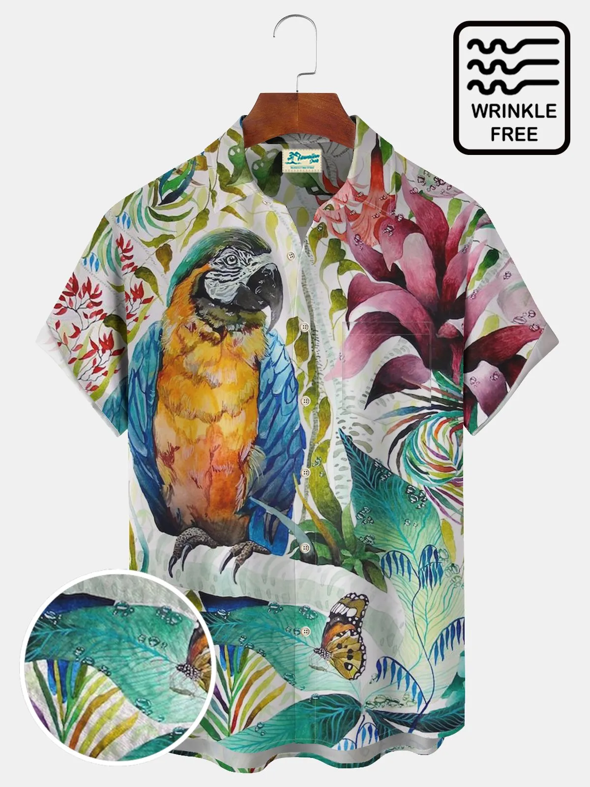 Alohadaddy Beach Vacation Parrot Plant And Flower Men's Hawaiian Art Animal Free Seersucker Plus Size Aloha Shirts