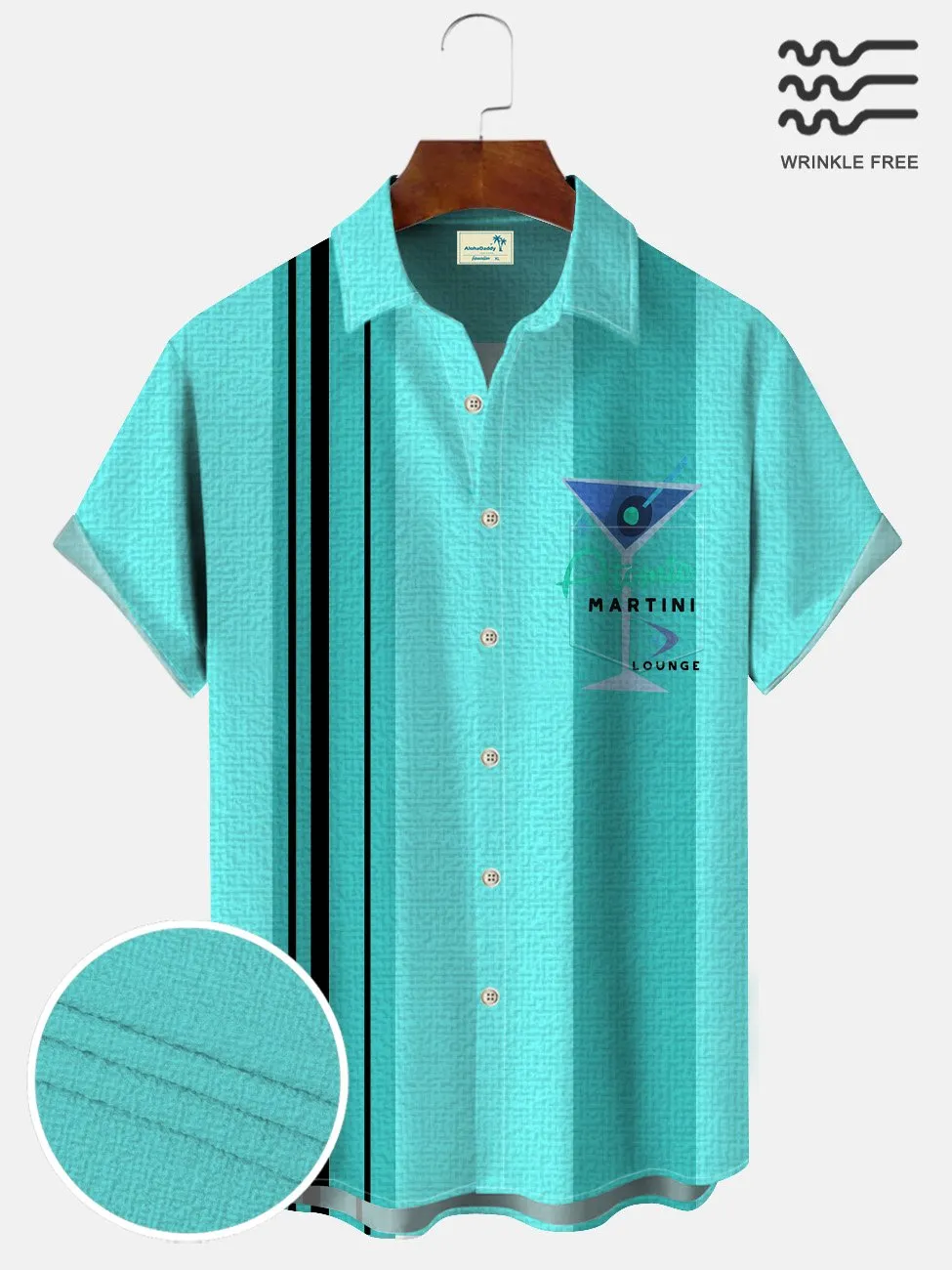 Alohadaddy Cocktail Glass Stripes Men Pocket Button 50S Bowling Commuter Casual Short Sleeve Shirt