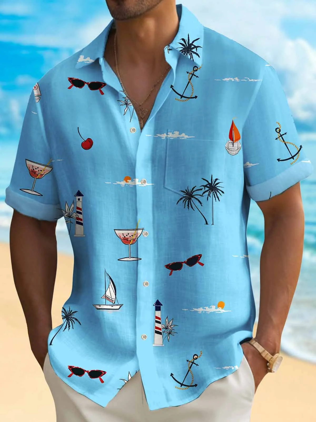 Alohadaddy Coconut Men's Hawaiian Shirt Wrinkle Free Seersucker Pocket Camp Shirt Big Tall