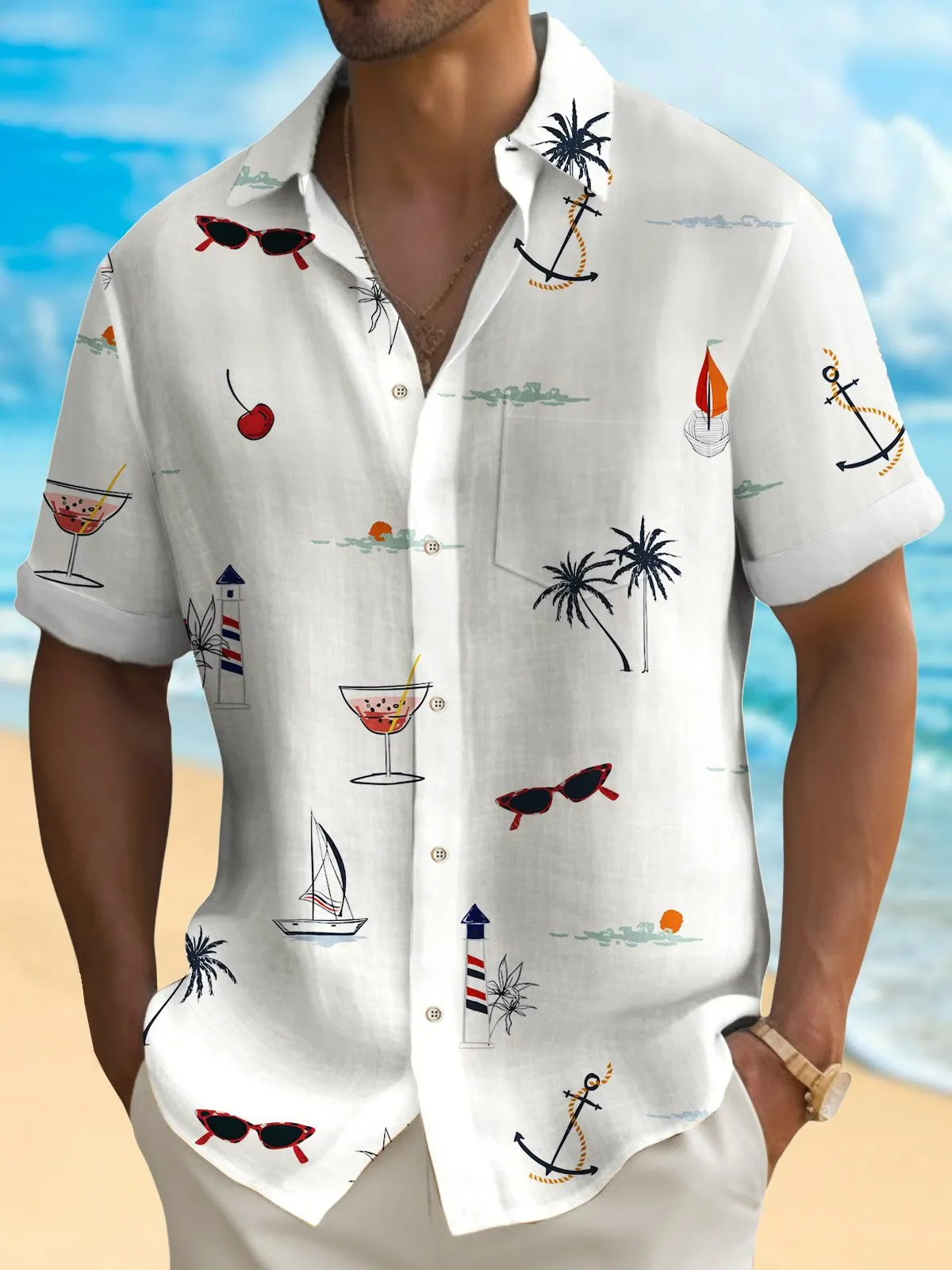 Alohadaddy Coconut Men's Hawaiian Shirt Wrinkle Free Seersucker Pocket Camp Shirt Big Tall