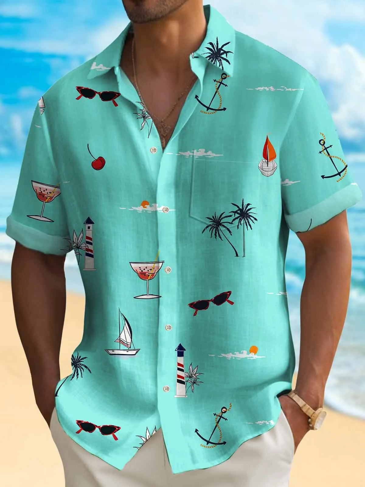 Alohadaddy Coconut Men's Hawaiian Shirt Wrinkle Free Seersucker Pocket Camp Shirt Big Tall