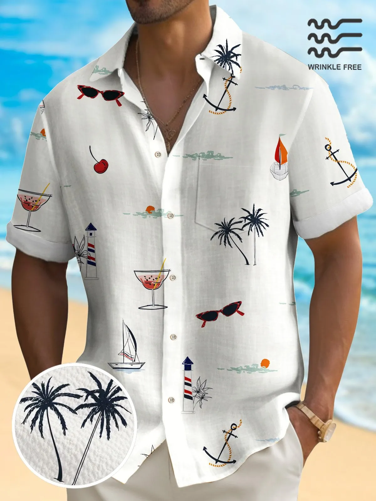 Alohadaddy Coconut Men's Hawaiian Shirt Wrinkle Free Seersucker Pocket Camp Shirt Big Tall