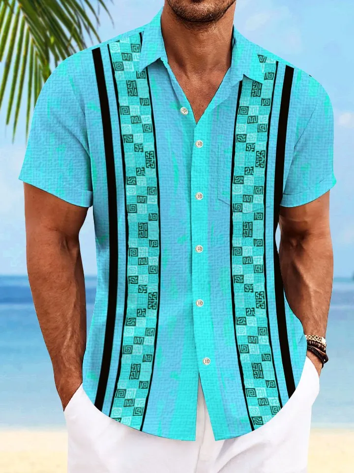 Alohadaddy Ethnic Pattern Contrast Color Men's Button Pocket Casual Vacation Short Sleeve Shirt