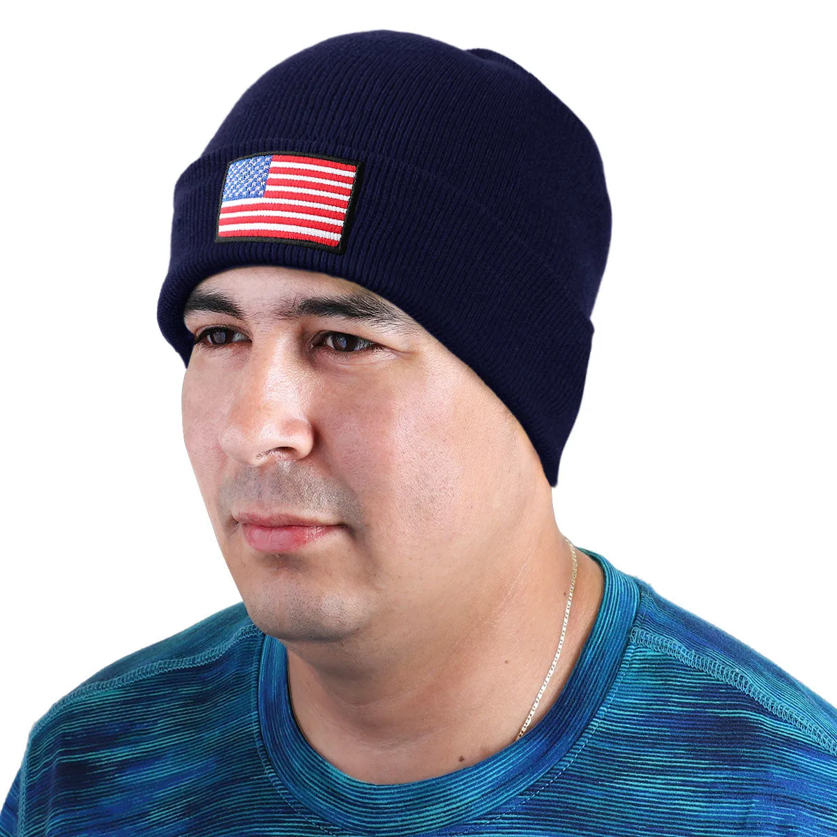 American Flag Embroidered Beanie Hat - Navy