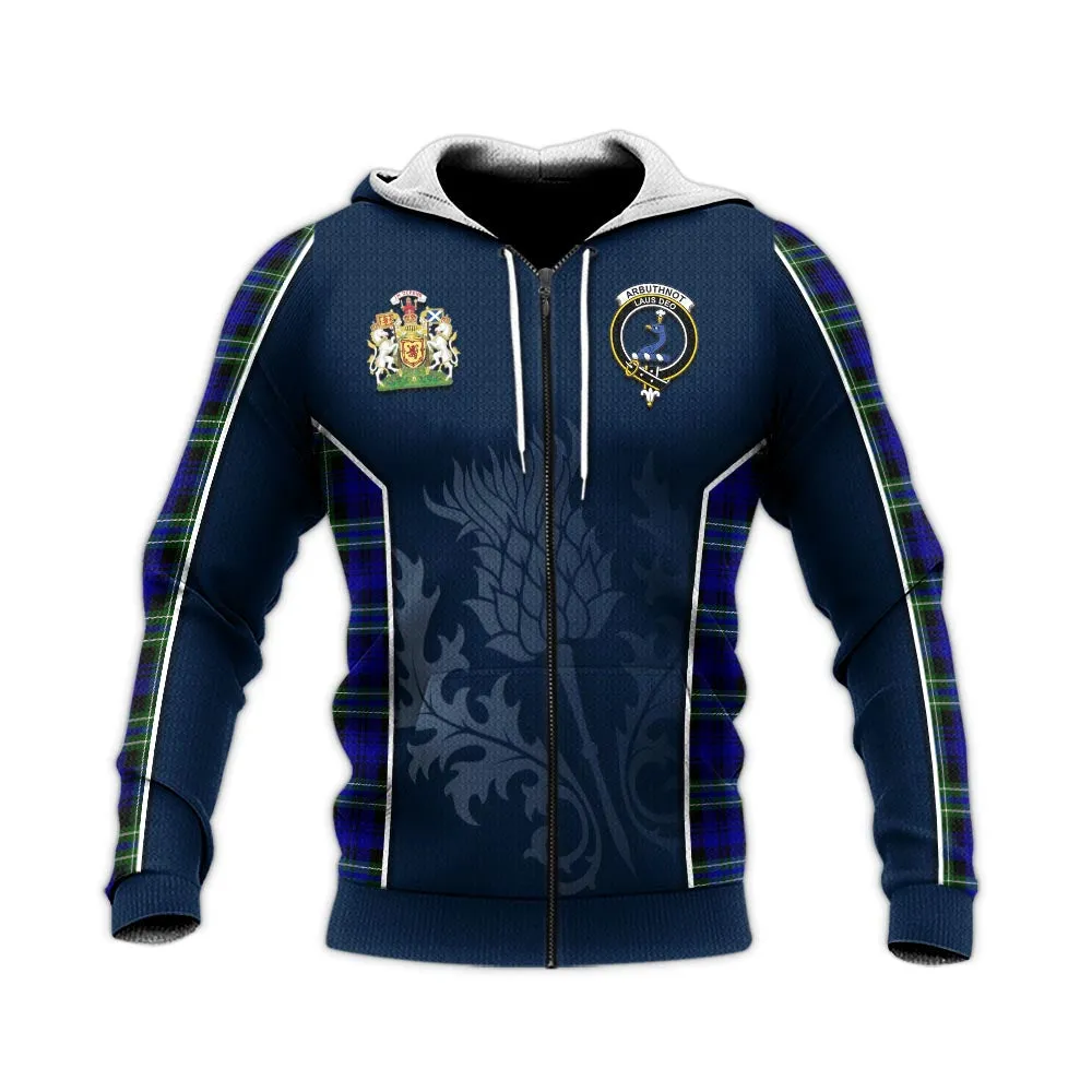 Arbuthnot Modern Tartan Knitted Hoodie with Family Crest and Scottish Thistle Vibes Sport Style