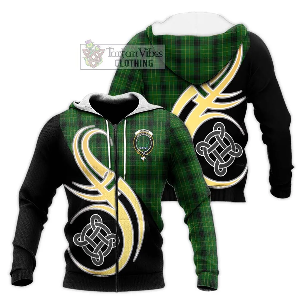 Arthur Highland Tartan Knitted Hoodie with Family Crest and Celtic Symbol Style