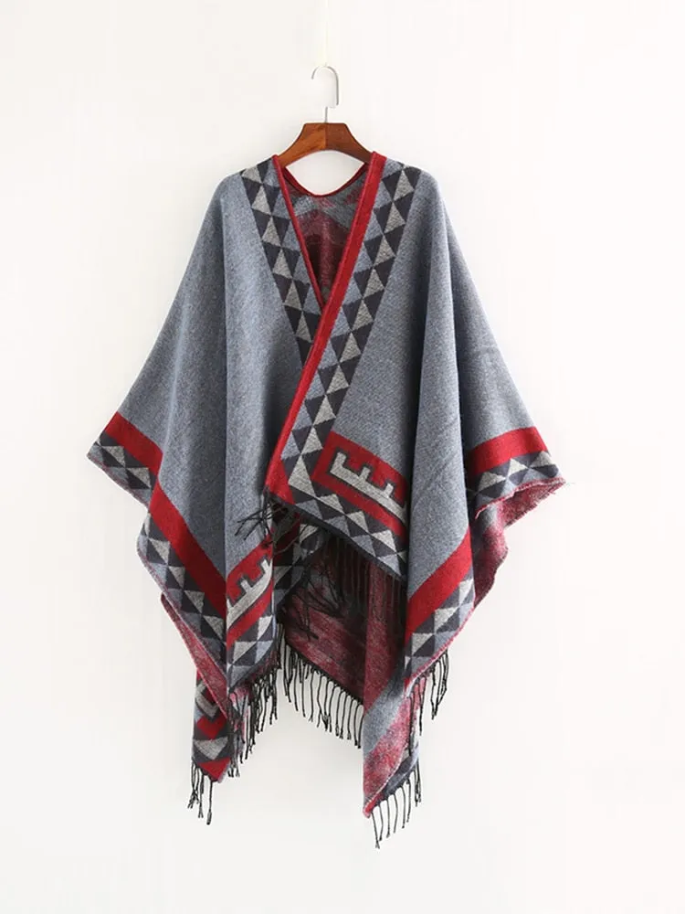 Aztec Ruana Poncho In 10 Different Colors Imitation Cashmere Indian Blanket Scarf Tribal Wrap Terracotta Black Turquoise Charcoal Gray Blue Beige One Size