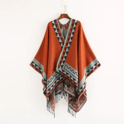 Aztec Ruana Poncho In 10 Different Colors Imitation Cashmere Indian Blanket Scarf Tribal Wrap Terracotta Black Turquoise Charcoal Gray Blue Beige One Size