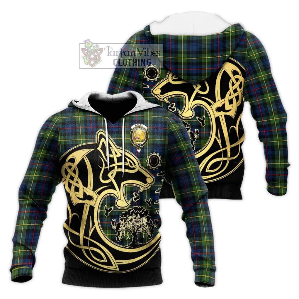 Bailey Modern Tartan Knitted Hoodie with Family Crest Celtic Wolf Style