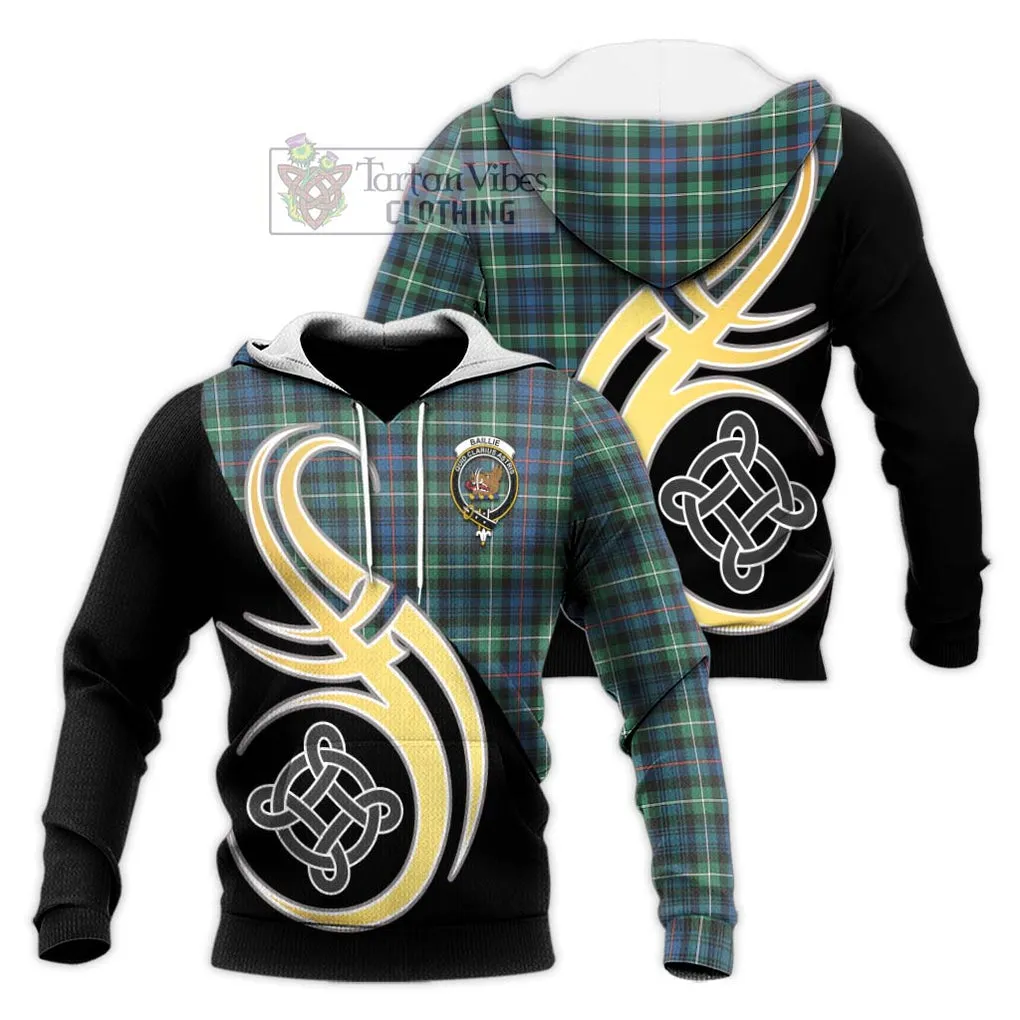 Baillie Ancient Tartan Knitted Hoodie with Family Crest and Celtic Symbol Style