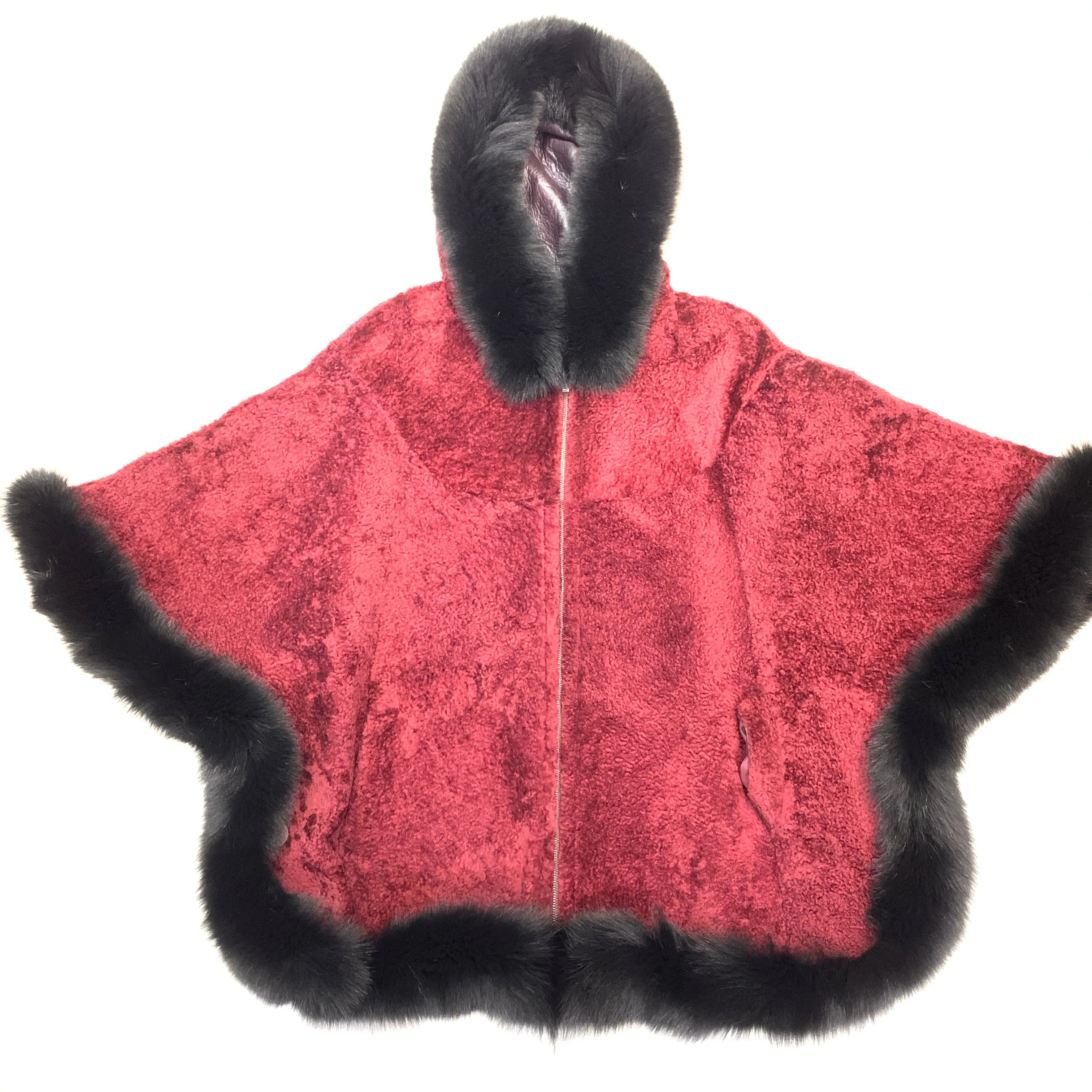 Barya NewYork Wine Wool Hooded Fox Fur Poncho