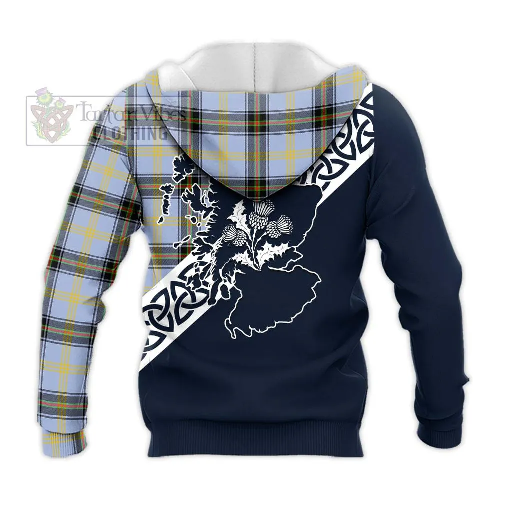 Bell Tartan Knitted Hoodie Featuring Thistle and Scotland Map