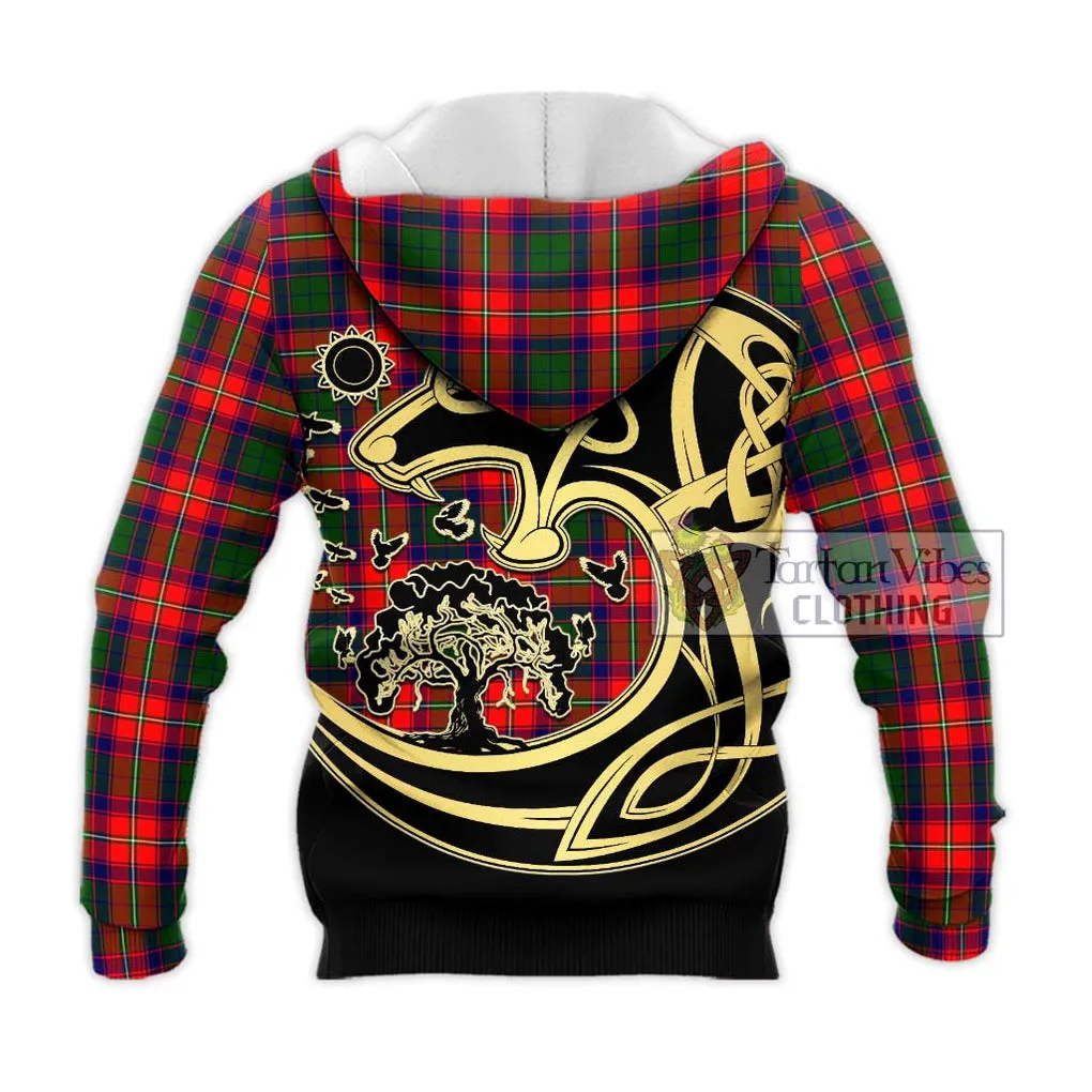 Belsches Tartan Knitted Hoodie with Family Crest Celtic Wolf Style