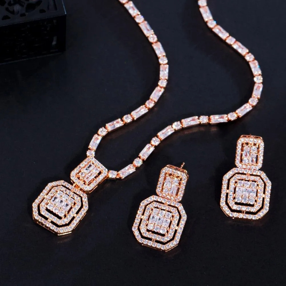 Best Wedding Jewelry - Shiny Baguette AAA Cubic Zirconia Diamonds Gold Color Jewelry Set