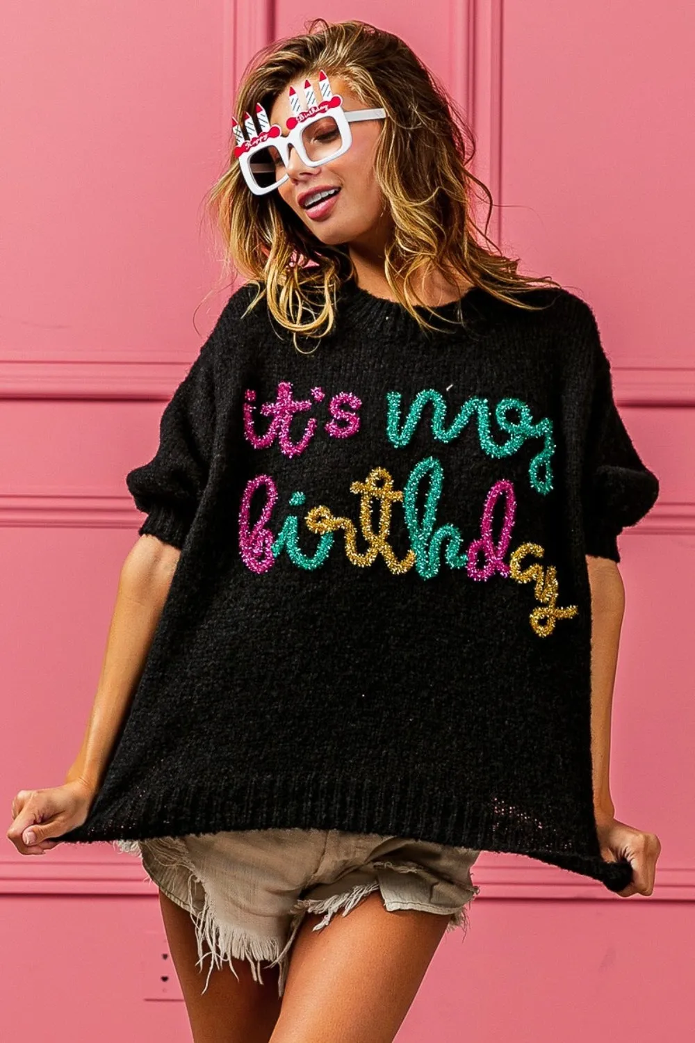 BiBi Metallic It's My Birthday Letter Puff Sleeve Hairy Sweater