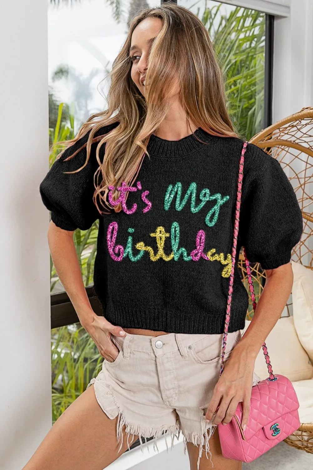 BiBi Metallic It's My Birthday Letter Puff Sleeve Hairy Sweater