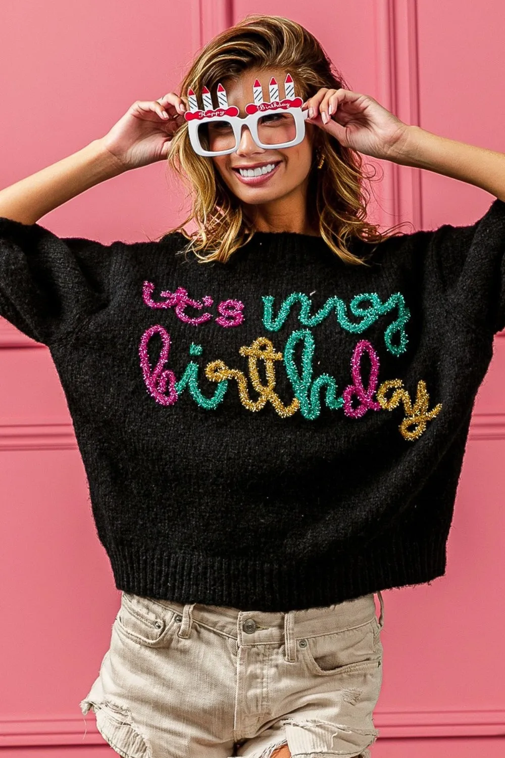 BiBi Metallic It's My Birthday Letter Puff Sleeve Hairy Sweater