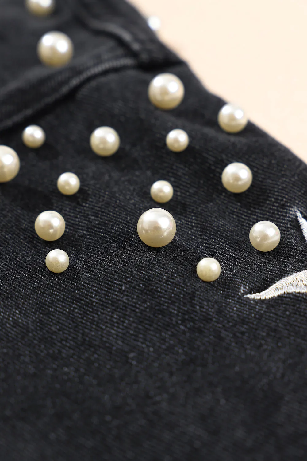 Black Distressed Pearls Star Cropped Denim Jacket