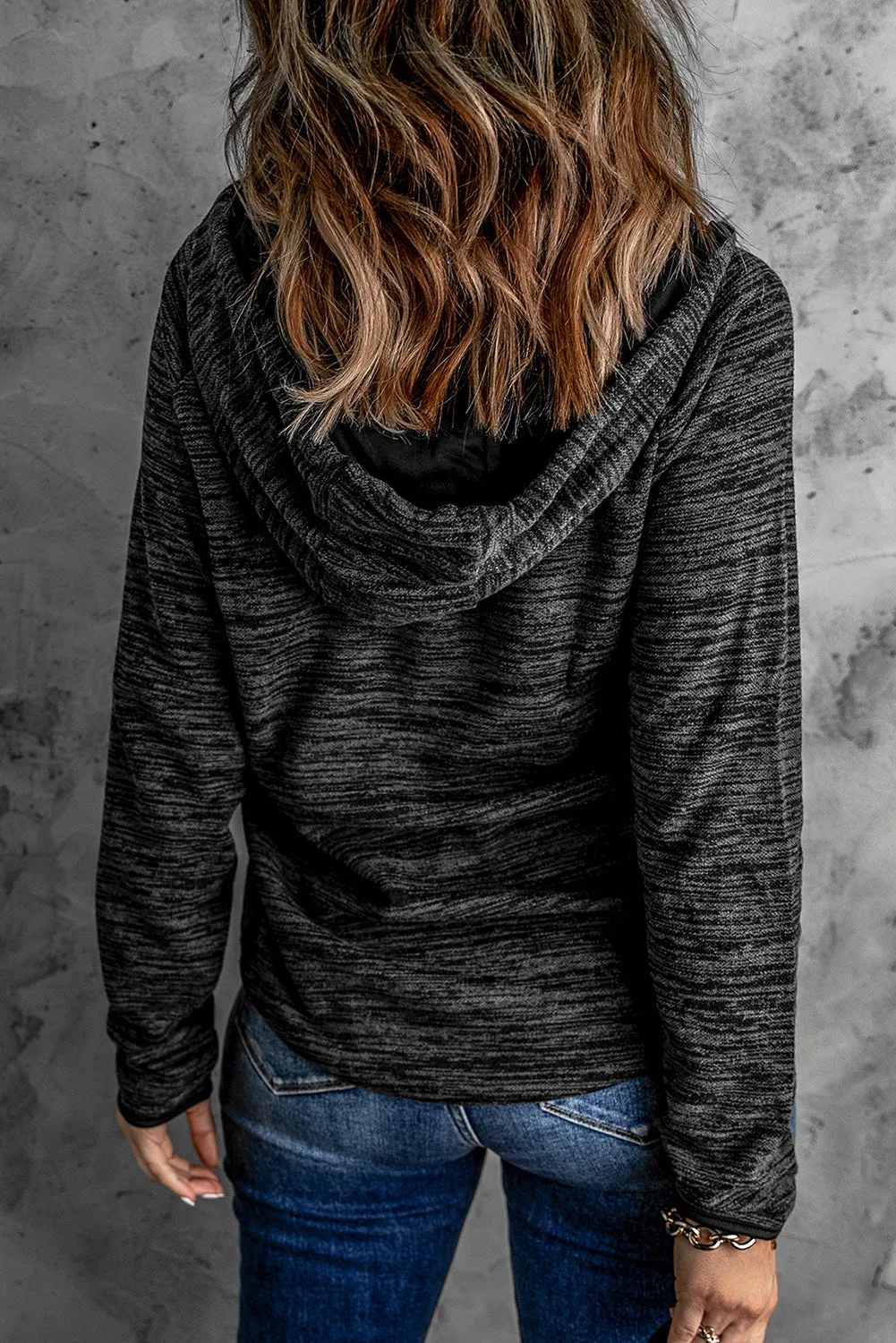 Black Heathered Print Button Snap Neck Pullover Hoodie