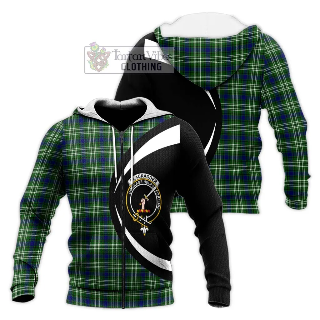 Blackadder Tartan Knitted Hoodie with Family Crest Circle Style