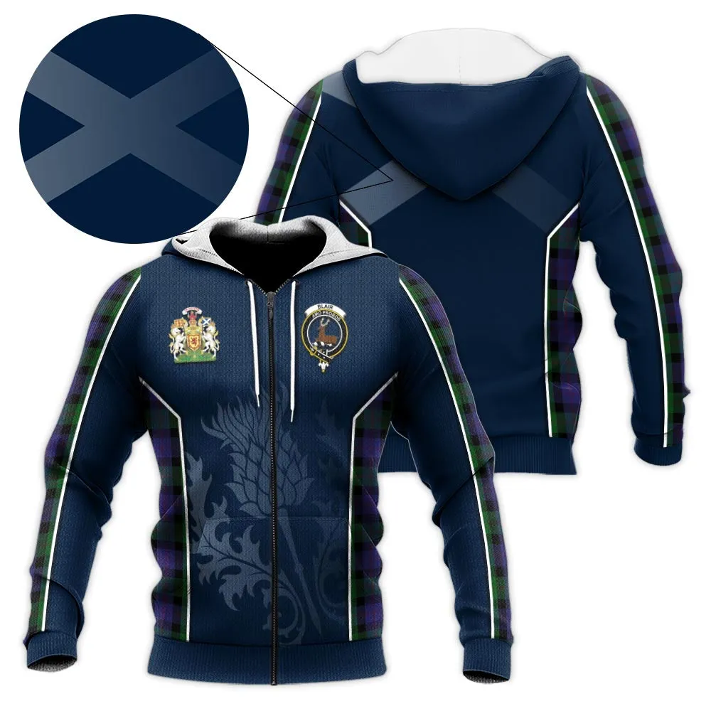 Blair Tartan Knitted Hoodie with Family Crest and Scottish Thistle Vibes Sport Style