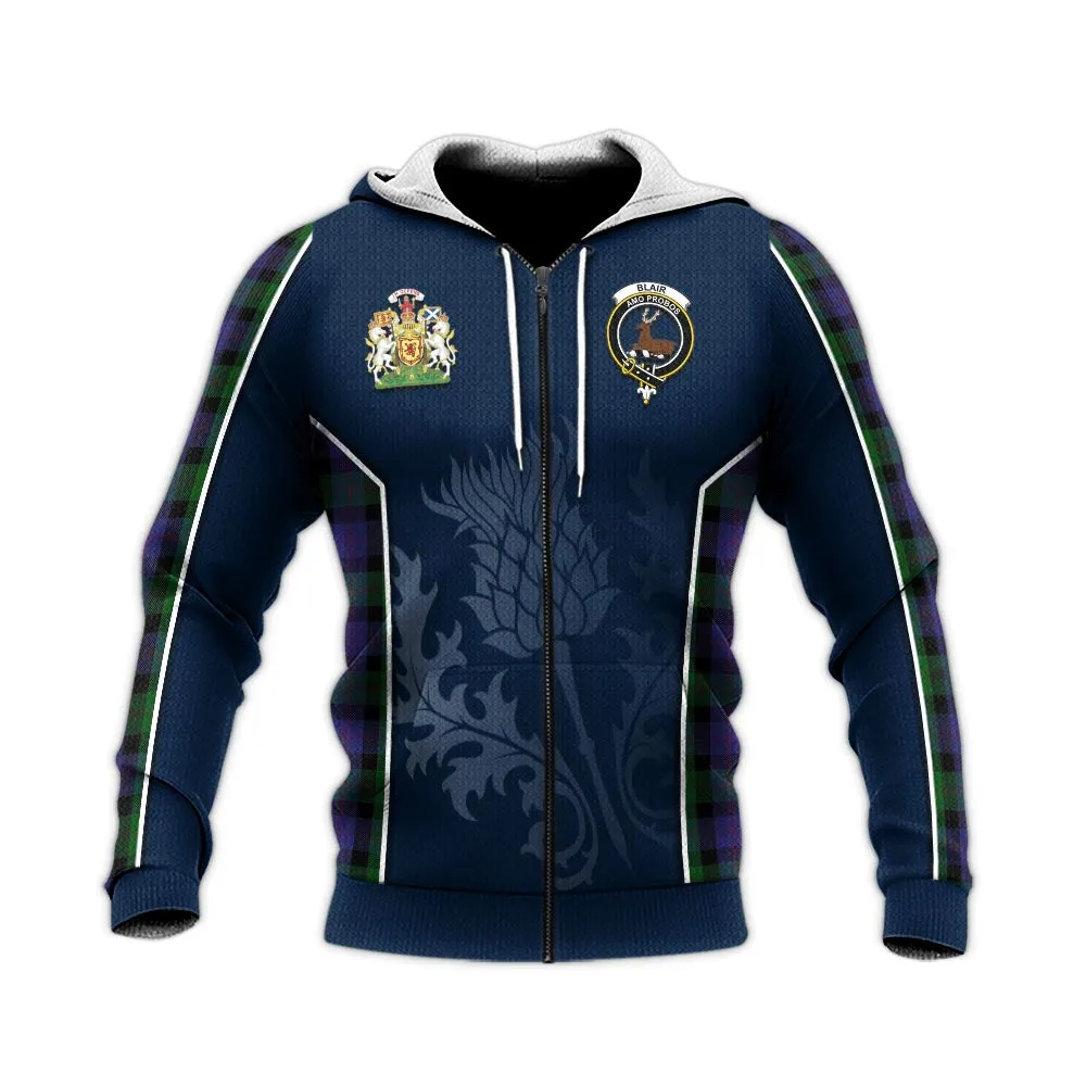 Blair Tartan Knitted Hoodie with Family Crest and Scottish Thistle Vibes Sport Style