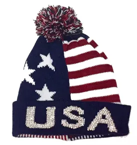 Bling USA Patriotic Stars & Stripes Thick Knit Pom Beanie Ski Hat