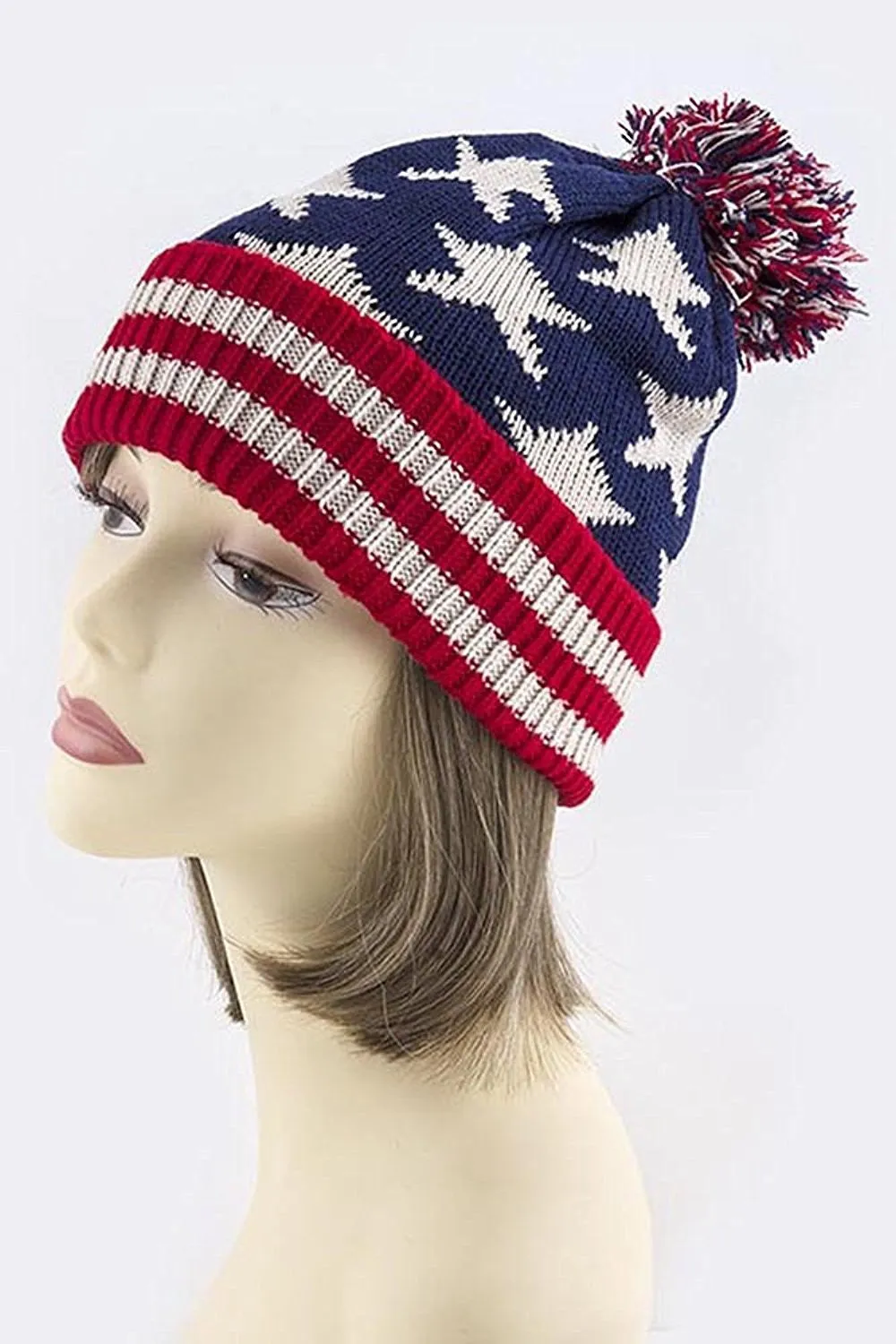 Bling USA Patriotic Stars & Stripes Thick Knit Pom Beanie Ski Hat