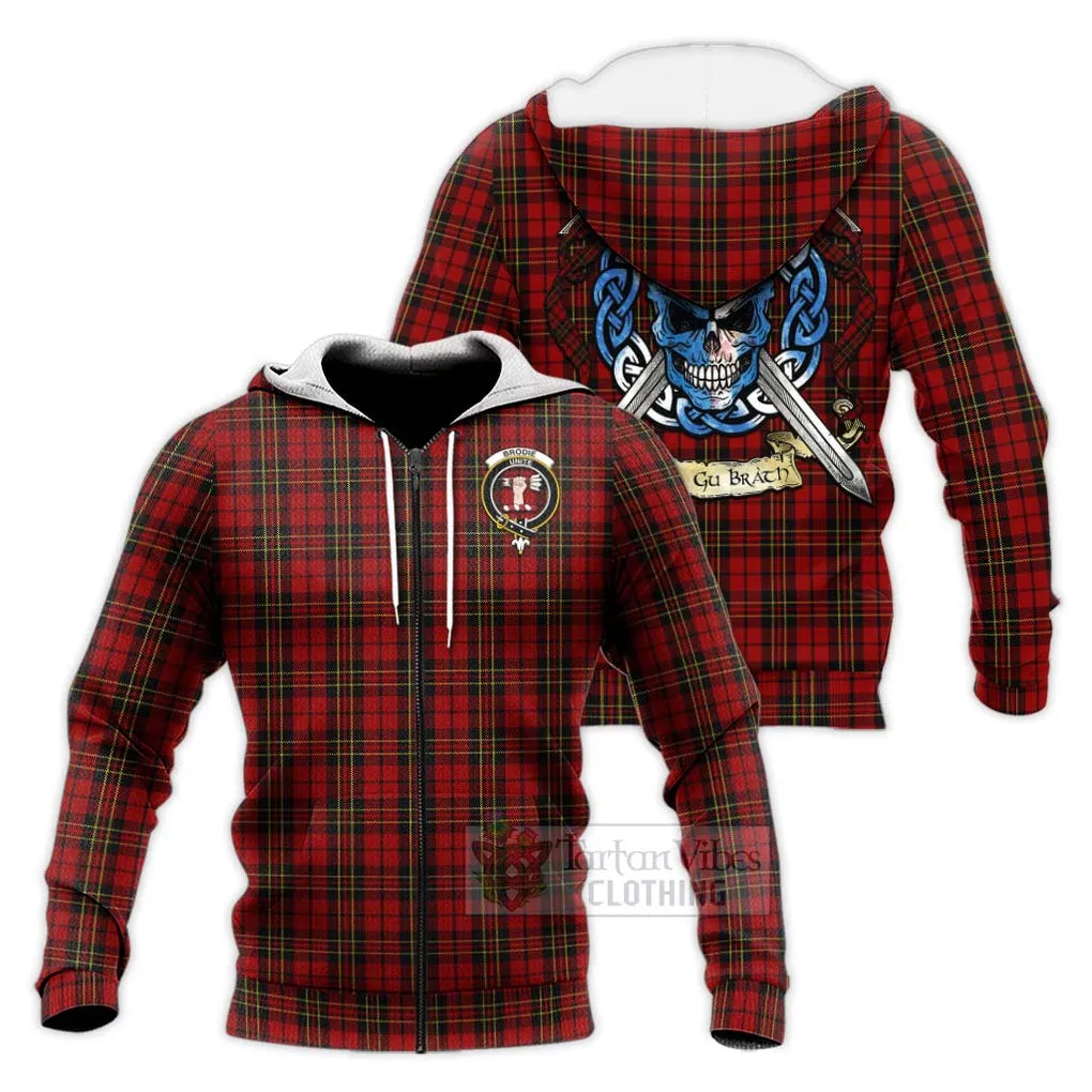 Brodie Tartan Knitted Hoodie with Family Crest Celtic Skull Style