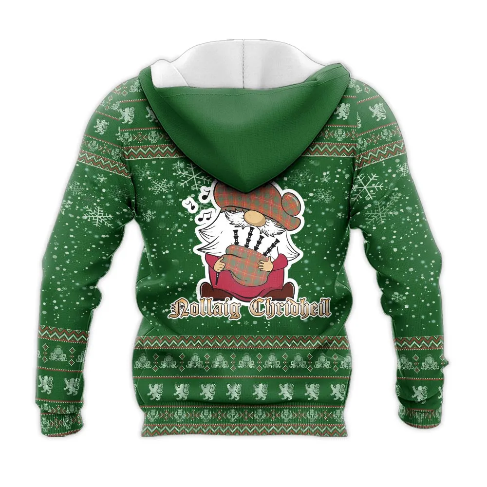 Bruce Ancient Clan Christmas Knitted Hoodie with Funny Gnome Playing Bagpipes