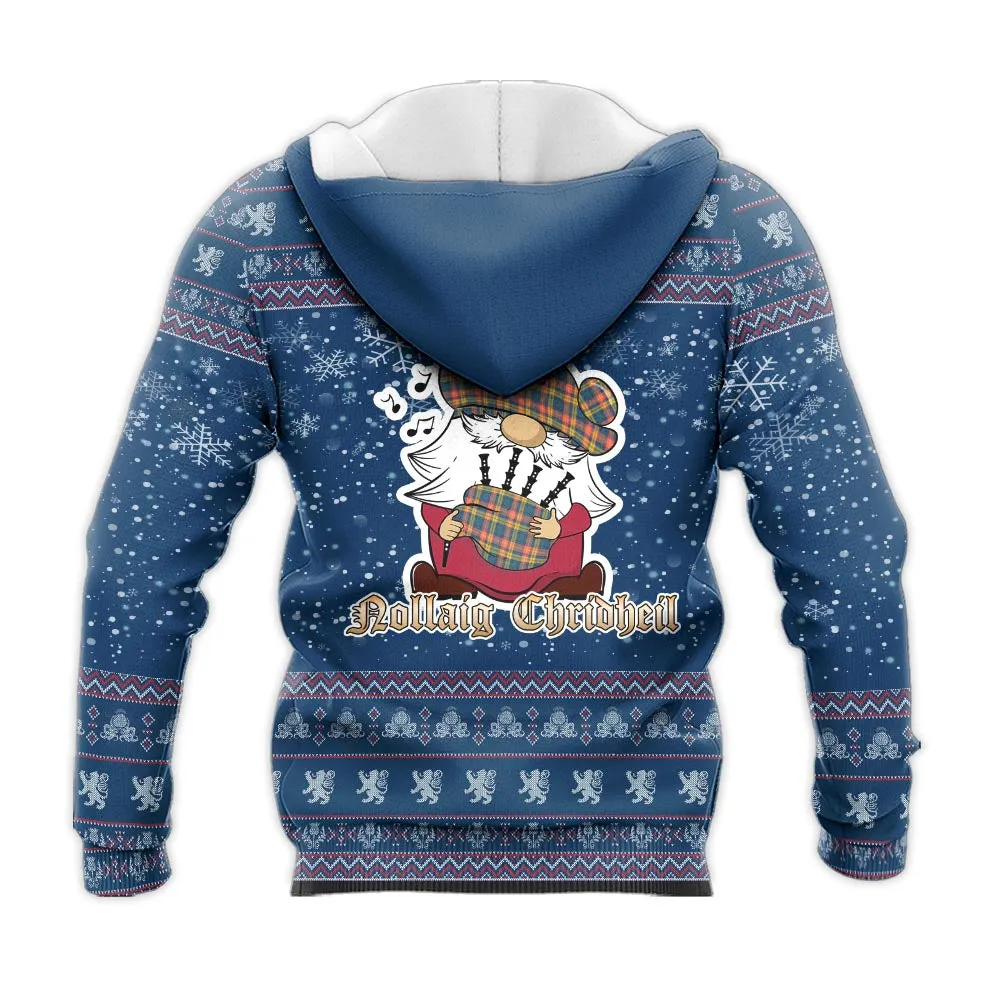 Buchanan Ancient Clan Christmas Knitted Hoodie with Funny Gnome Playing Bagpipes