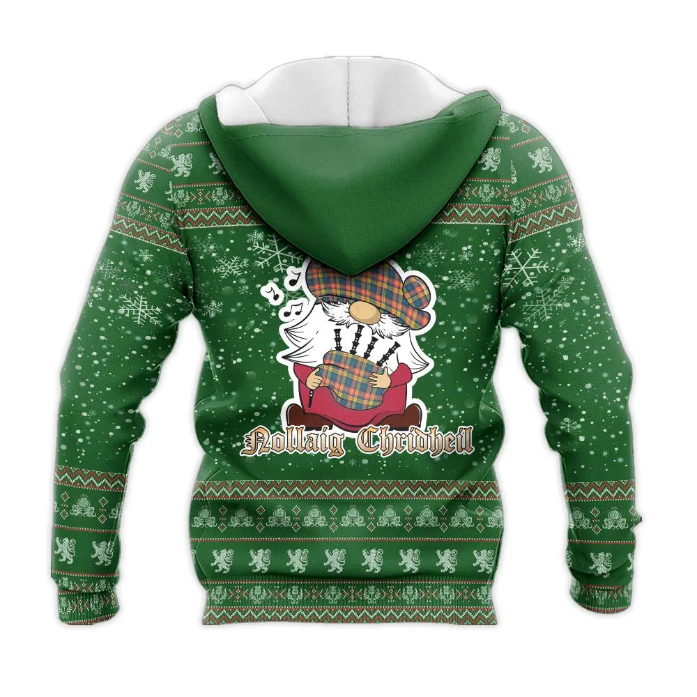 Buchanan Ancient Clan Christmas Knitted Hoodie with Funny Gnome Playing Bagpipes