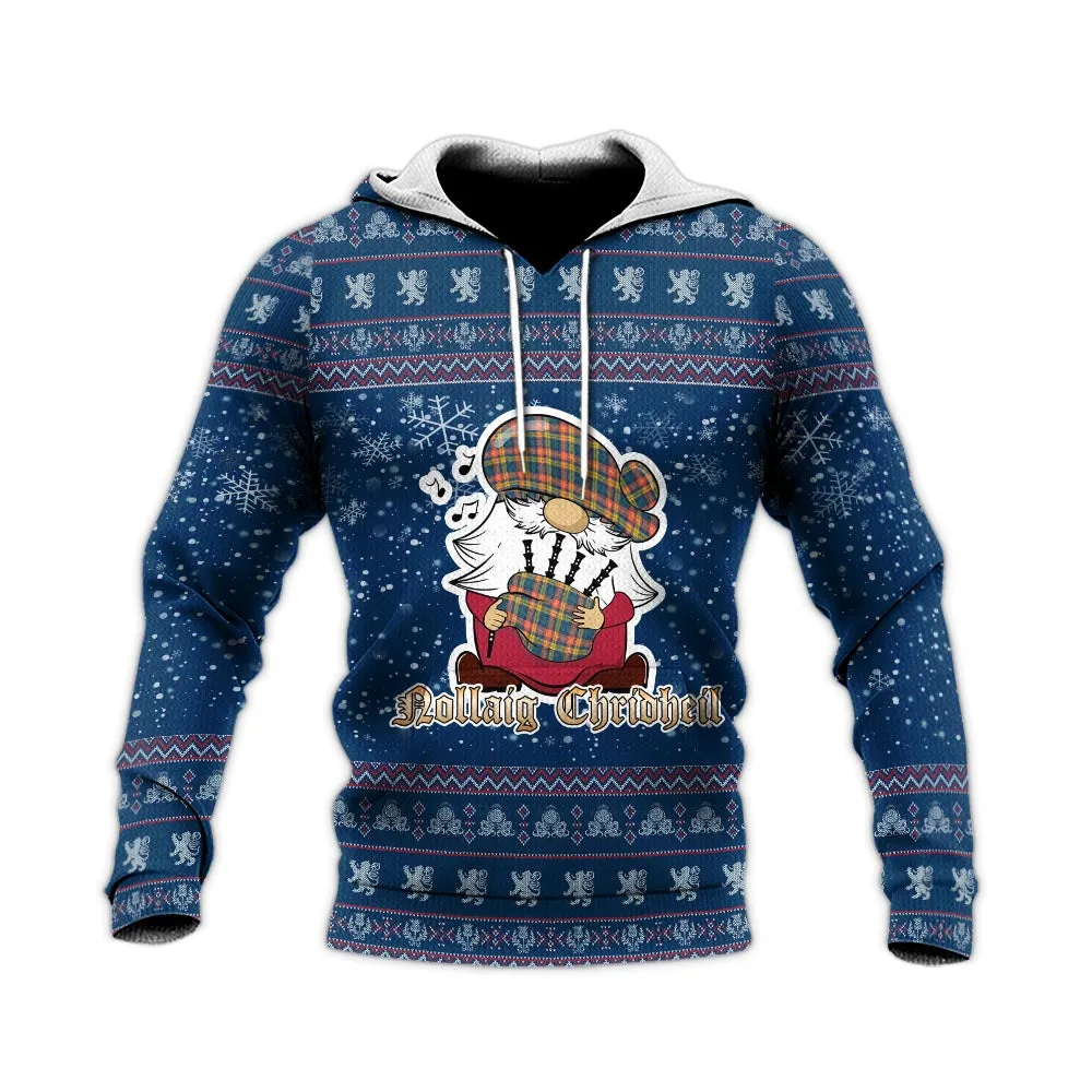 Buchanan Ancient Clan Christmas Knitted Hoodie with Funny Gnome Playing Bagpipes