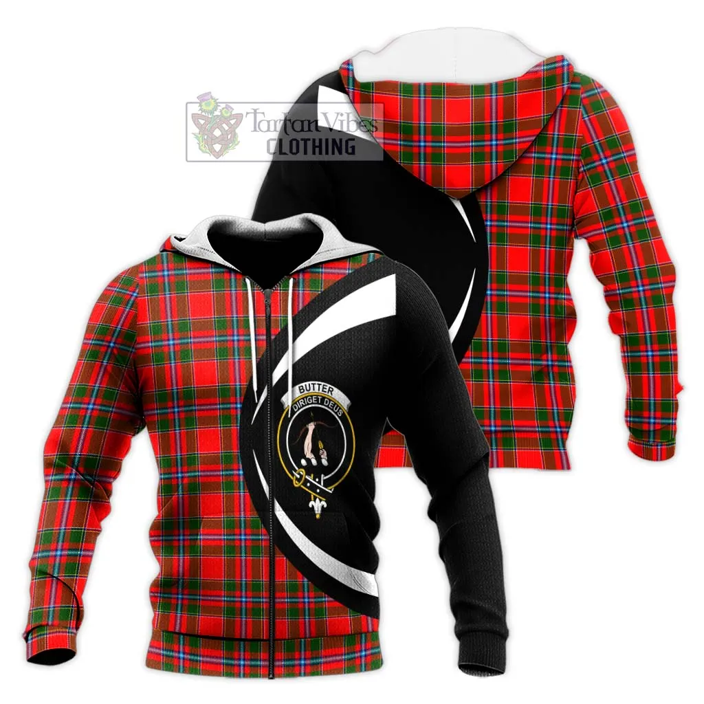 Butter Tartan Knitted Hoodie with Family Crest Circle Style