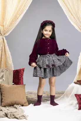 Camila Double Layered Cotton Melange Girls Skirt - Wine Bouquet