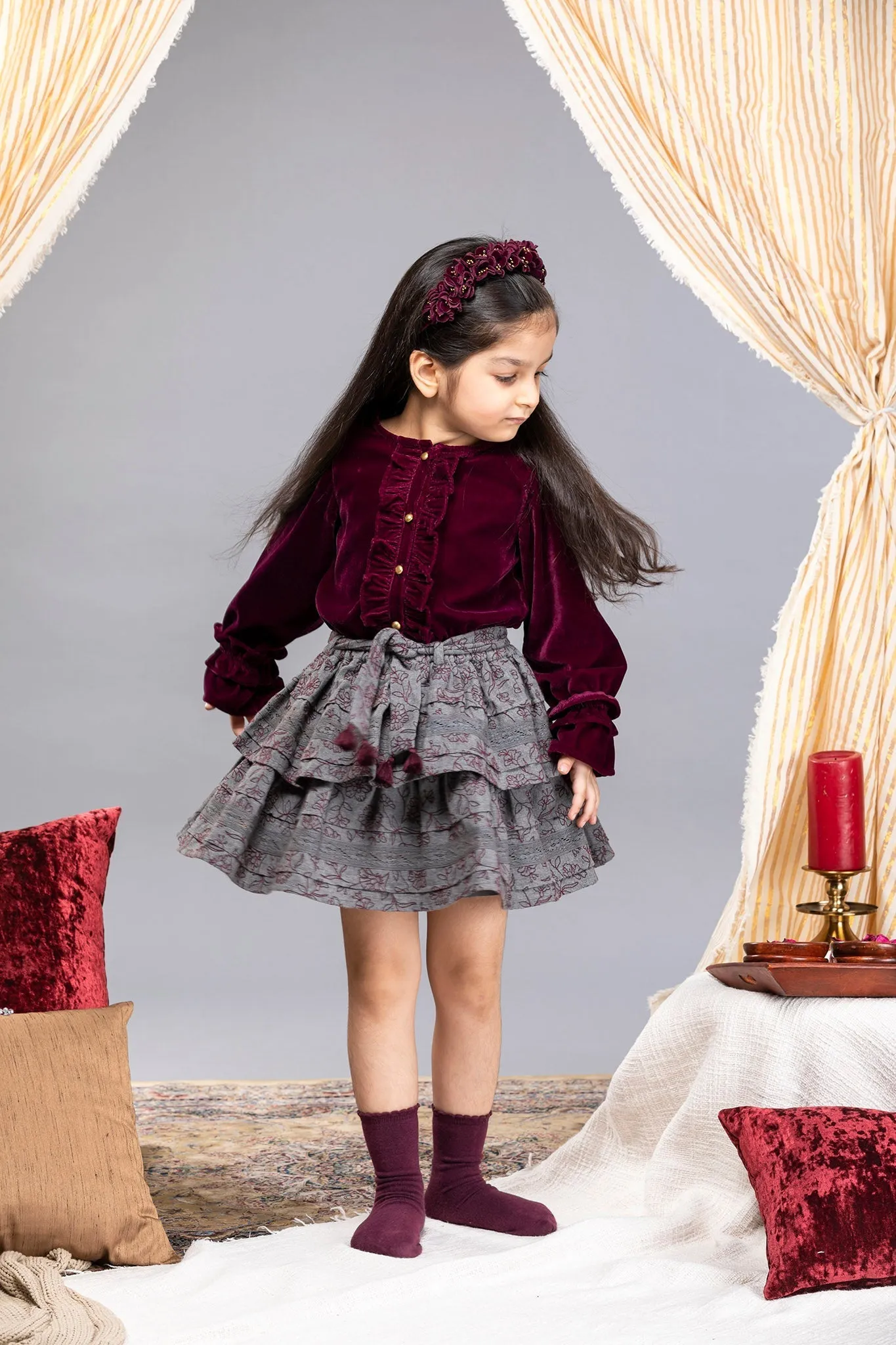 Camila Double Layered Cotton Melange Girls Skirt - Wine Bouquet