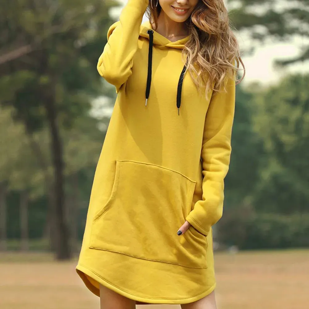 Casual Loose Solid Hoodies Long Style Sweatshirt Casual Pocket Oversized Hoodie kpop Hoody Dress Pullover