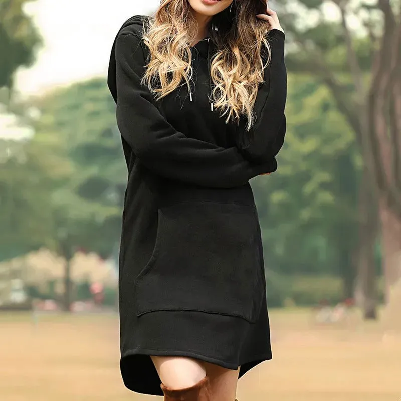 Casual Loose Solid Hoodies Long Style Sweatshirt Casual Pocket Oversized Hoodie kpop Hoody Dress Pullover