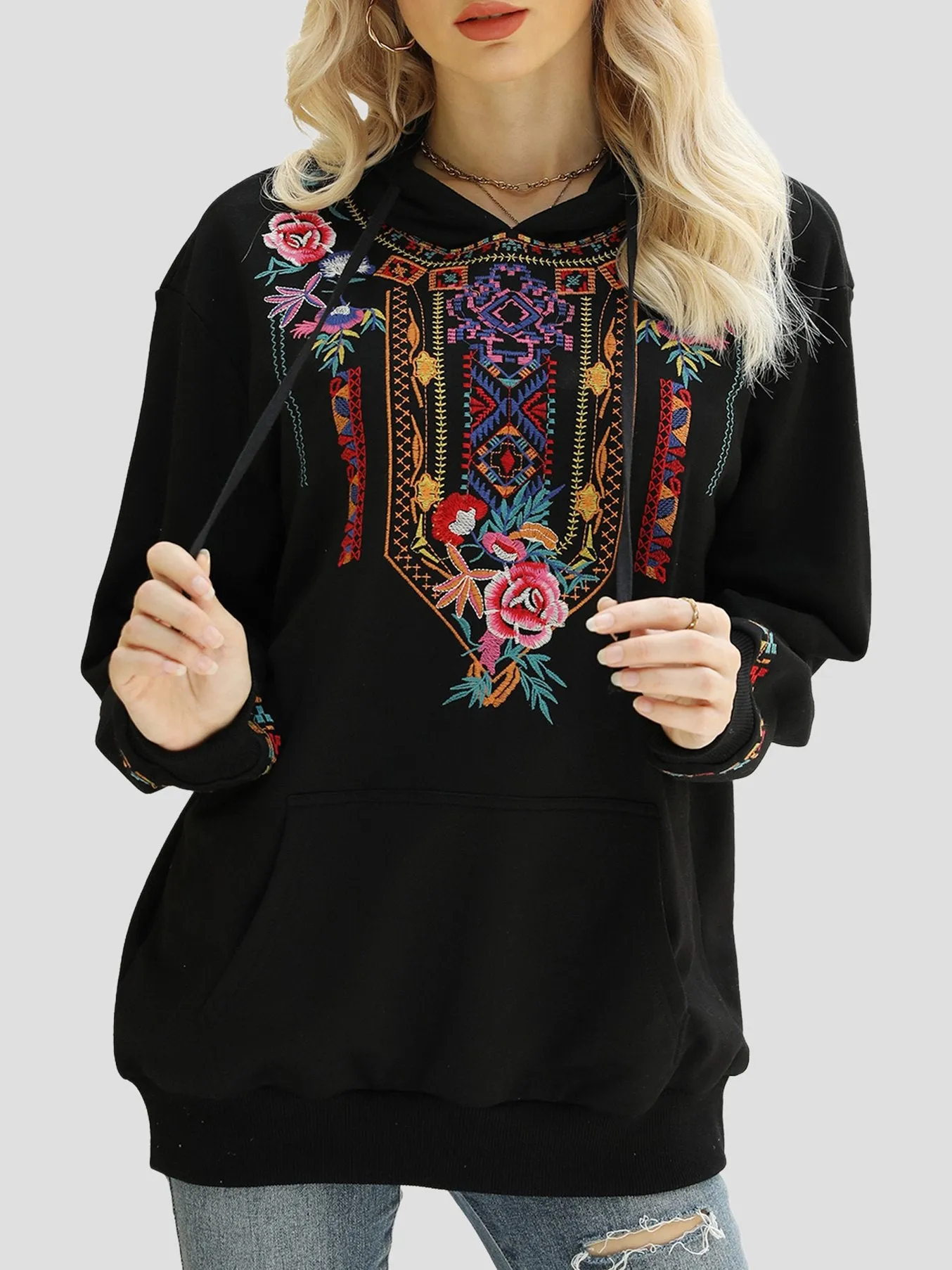 Chic Ethnic Handmade Embroidered Loose-fitting Hoodie