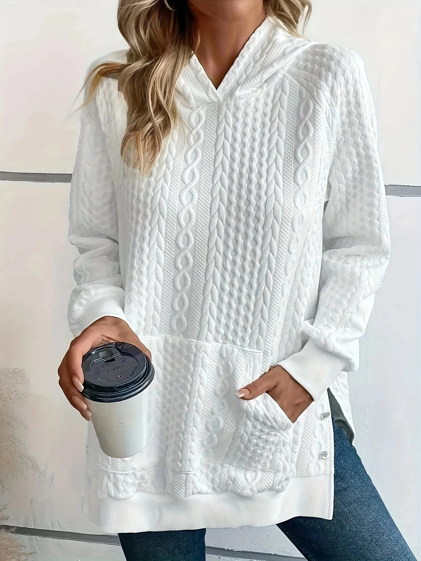 Chic Textured Pullover Hoodie for Curvy Women   Side Slits