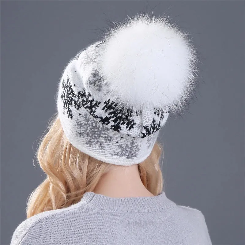 Christmas Snowflakes Winter Beanie Hat with Pom Pom